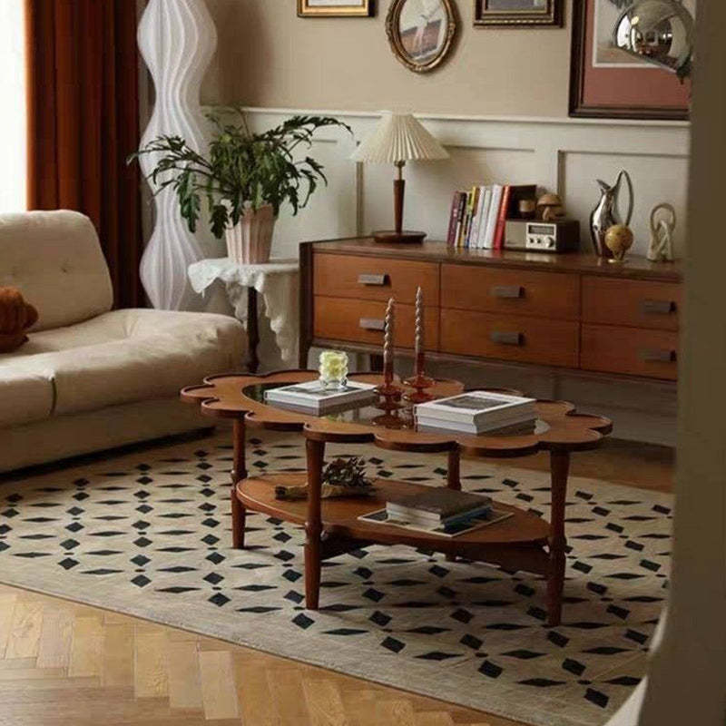Vintage Elliptical Flower Wood Glass Coffee Table