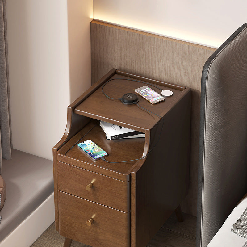 Minimalist Narrow Wood 2-Drawer Nightstand — With USB / Walnut Color