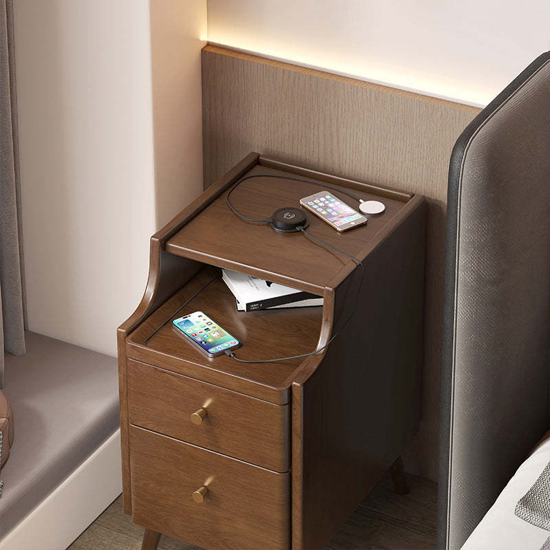 Minimalist Narrow Wood 2-Drawer Nightstand — With USB / Walnut Color