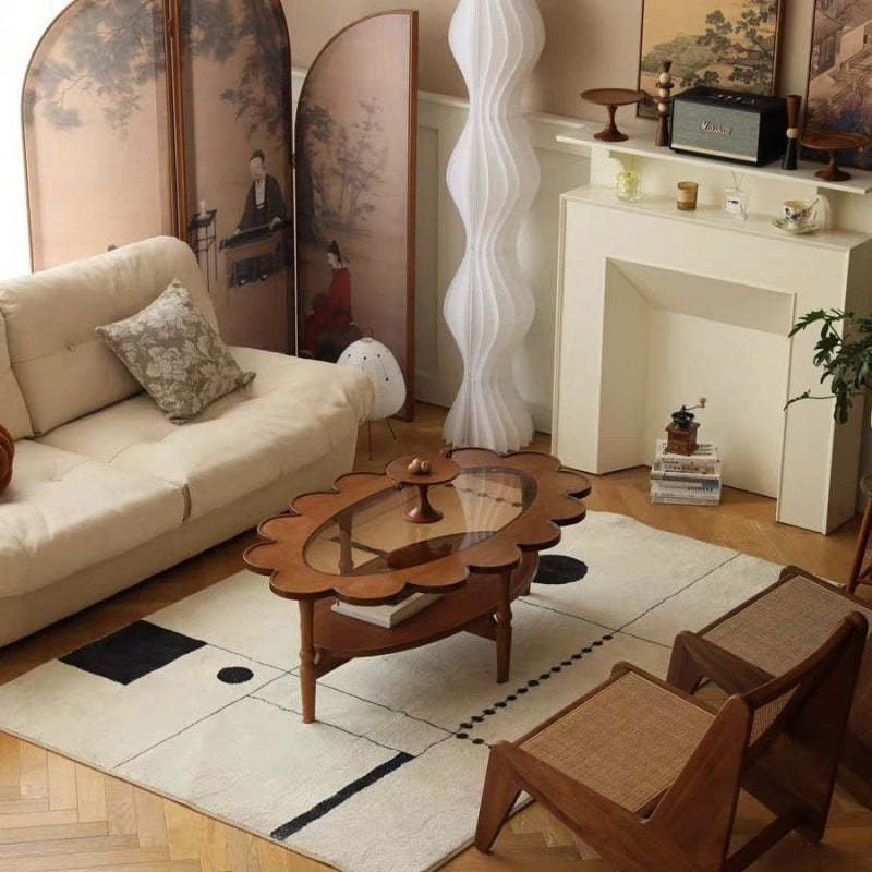 Vintage Elliptical Flower Wood Glass Coffee Table