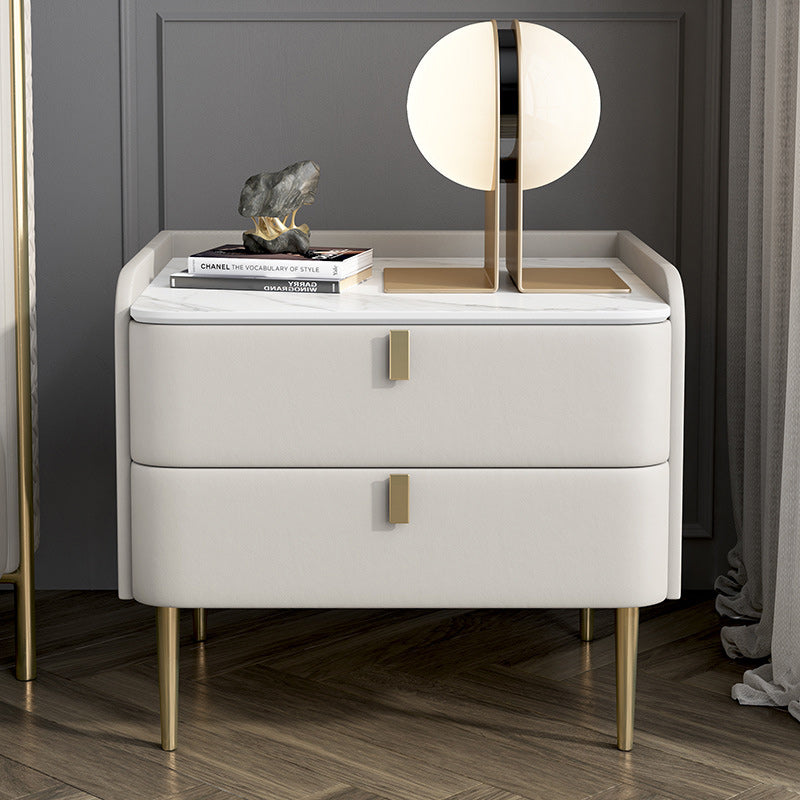 Modern Leather Pine Wood Carbon Steel Nightstand 2-Drawer