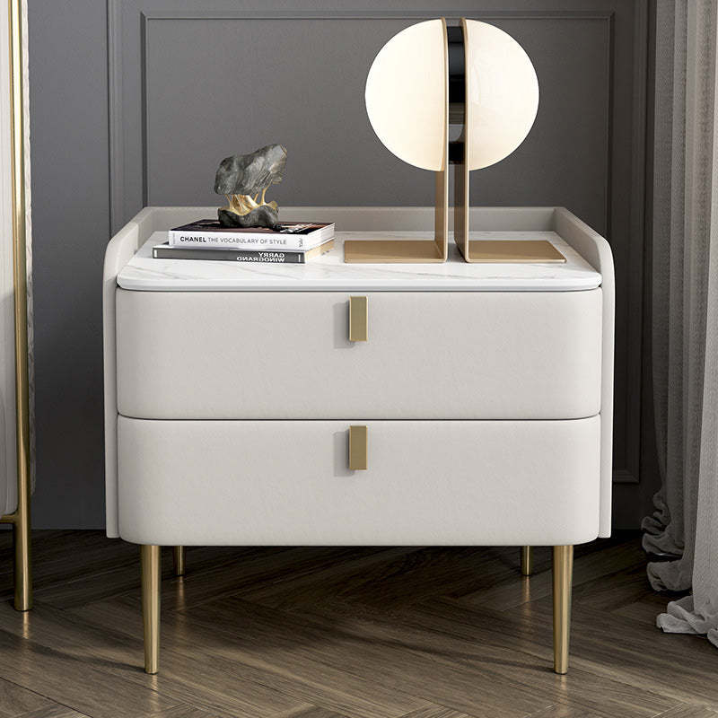 Modern Leather Pine Wood Carbon Steel Nightstand 2-Drawer