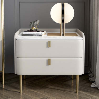 Modern Leather Pine Wood Carbon Steel Nightstand 2-Drawer
