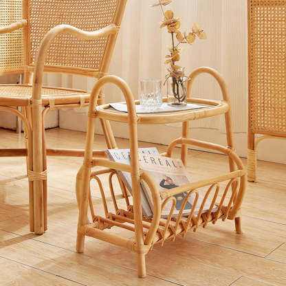 Japanese Woven Rattan Glass Side Table — Glass Table Top