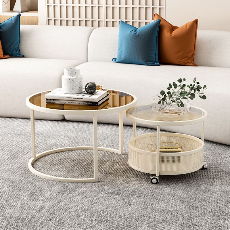 Nordic Glass Metal Round Movable Coffee Table 2-Tier — White & Transparent Table Top - Movable