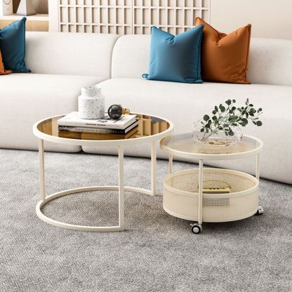 Nordic Glass Metal Round Movable Coffee Table 2-Tier — White & Transparent Table Top - Movable