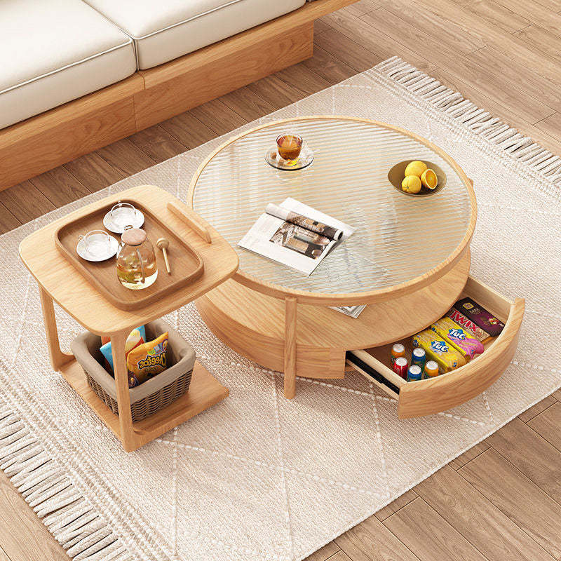 Japanese Glass Wood 2-Tier End Table