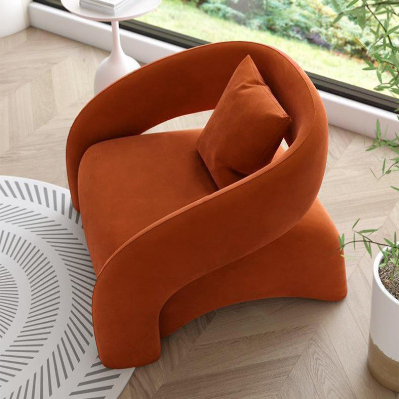 Modern Curved Leather Lambswool Wood Accent Chair — Bird Plaid Fabric