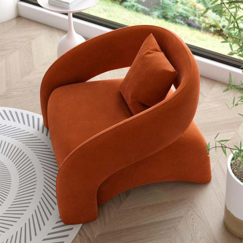 Modern Curved Leather Lambswool Wood Accent Chair — Bird Plaid Fabric