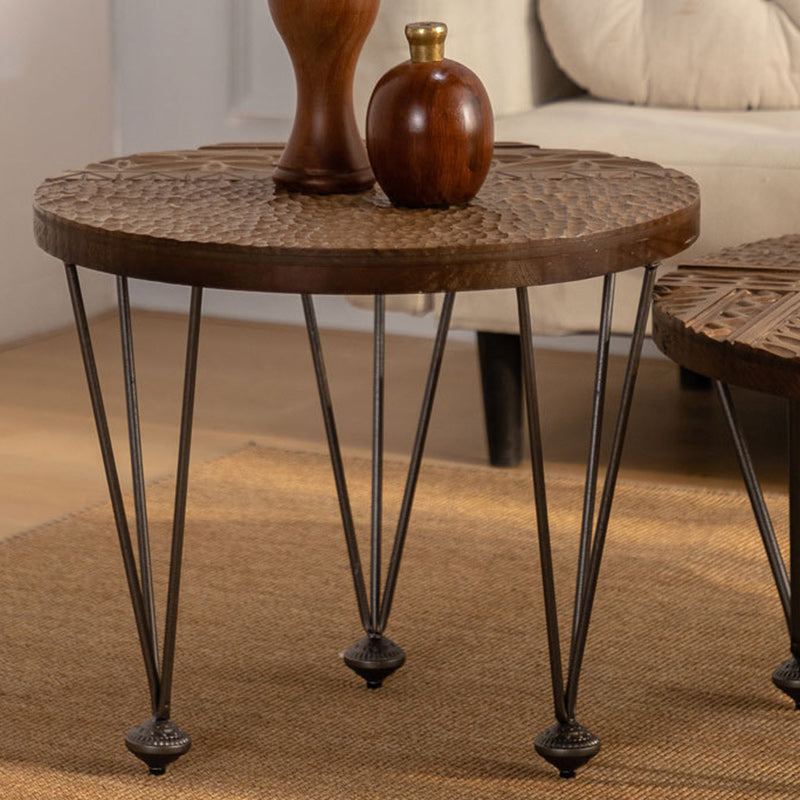 Rustic Round Solid Wood Iron Coffee Table