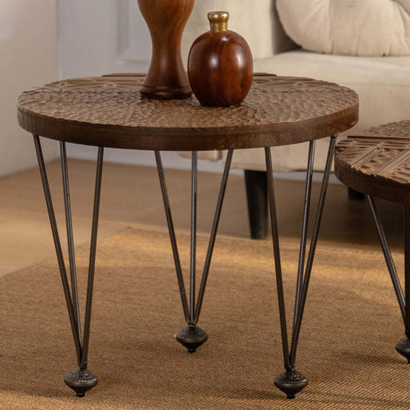 Rustic Round Solid Wood Iron Coffee Table