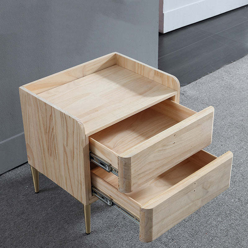 Modern Leather Pine Wood Carbon Steel Nightstand 2-Drawer