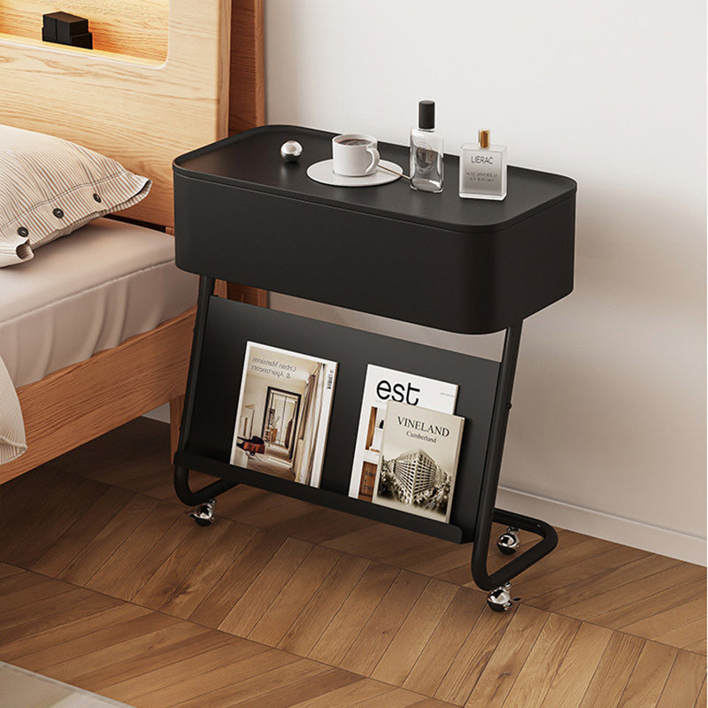 Minimalist Stainless Steel Swivel Nightstand 1-Cabinet — Without Wheels / Carbon Steel / White Table Top & Silver Frame