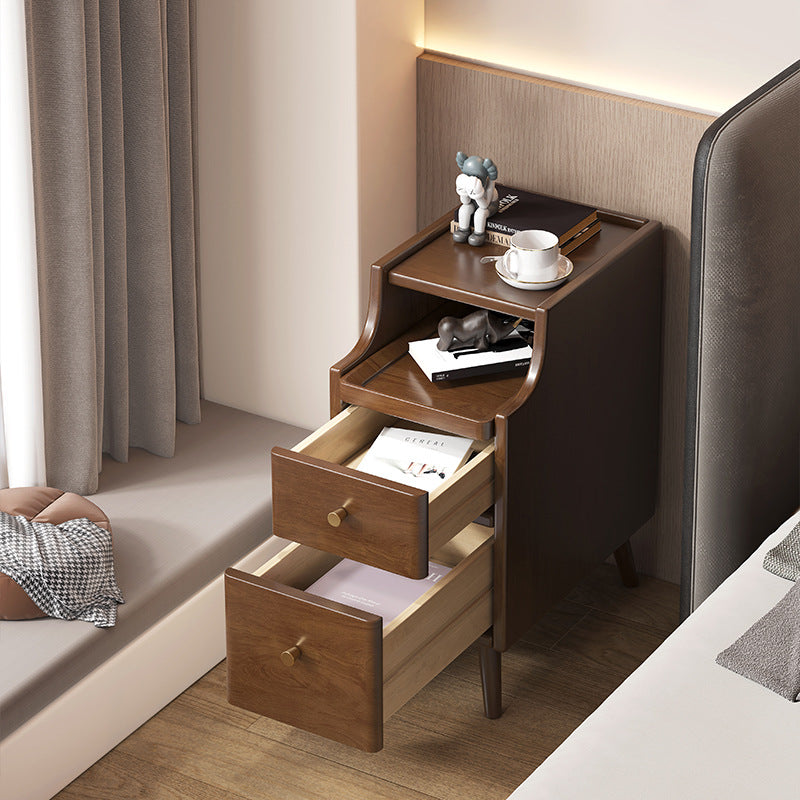 Minimalist Narrow Wood 2-Drawer Nightstand — Without USB / Begonia Wood Color