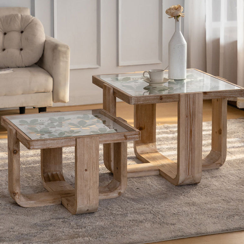 Scandinavian Square Glass Wood Coffee Table