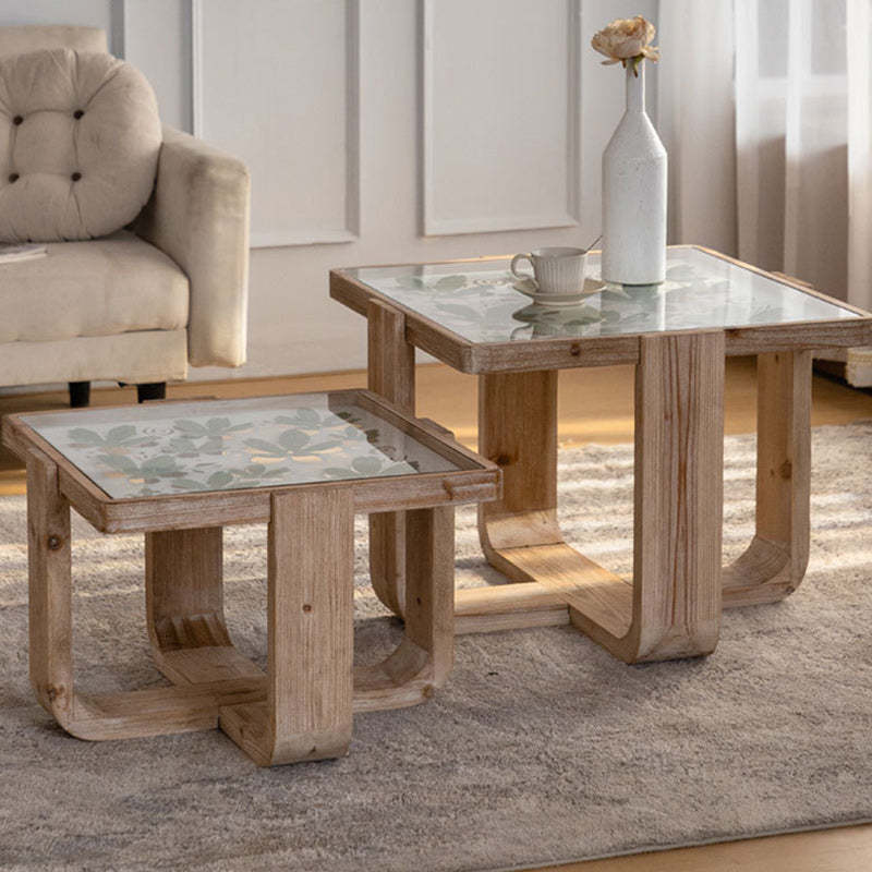 Scandinavian Square Glass Wood Coffee Table
