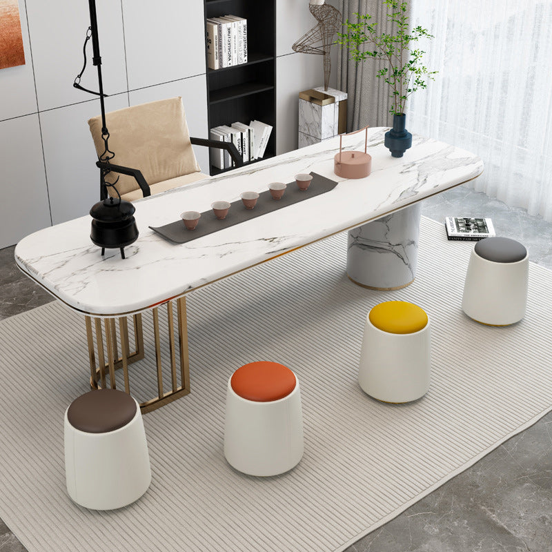 Minimalist Napa Leather Wood Round Vanity Stool