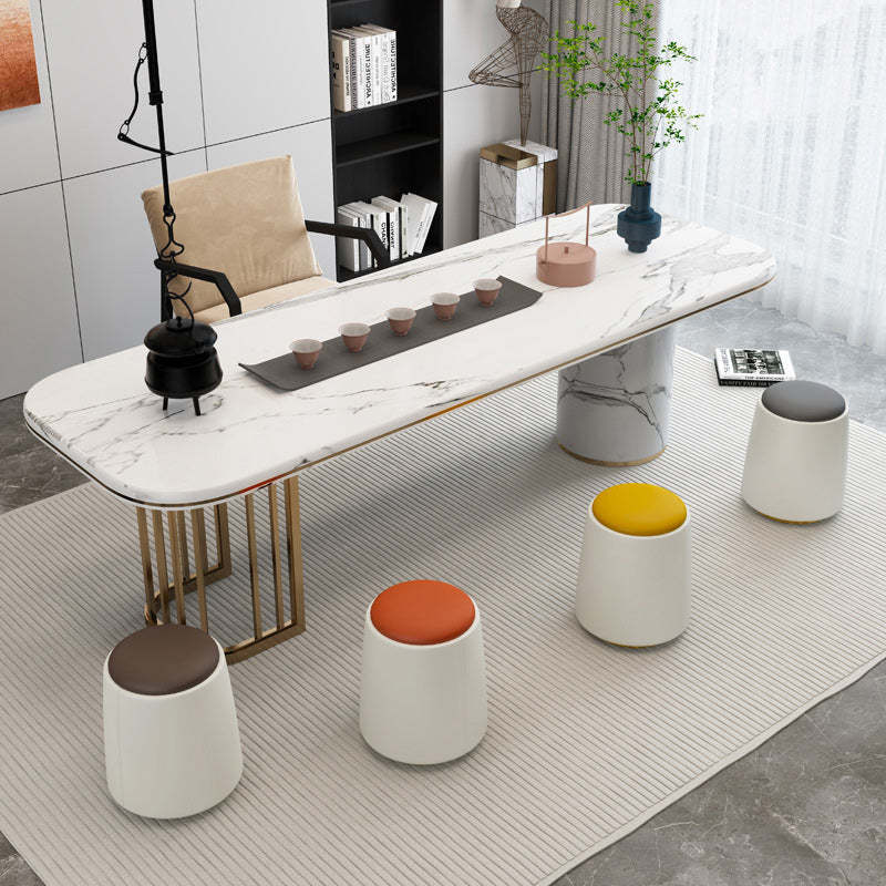 Minimalist Napa Leather Wood Round Vanity Stool — Orange