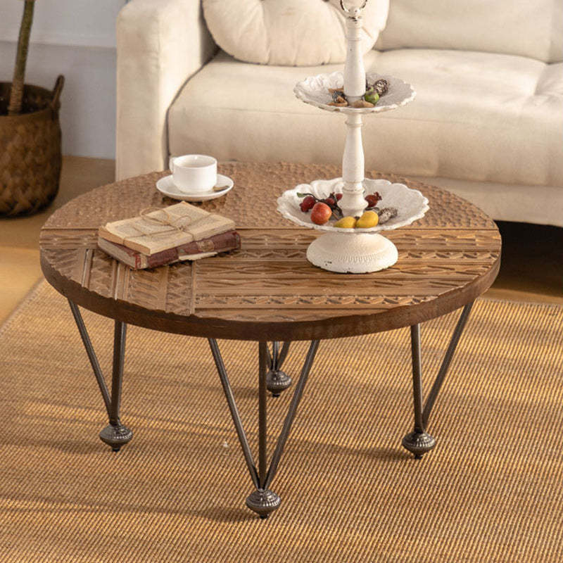 Rustic Round Solid Wood Iron Coffee Table