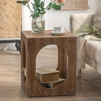 Japanese Rectangular Wood 2-Tier End Table