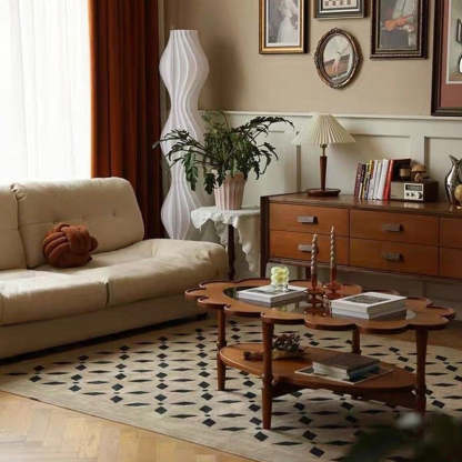 Vintage Elliptical Flower Wood Glass Coffee Table