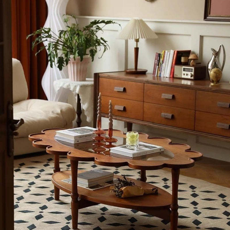 Vintage Elliptical Flower Wood Glass Coffee Table