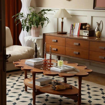 Vintage Elliptical Flower Wood Glass Coffee Table