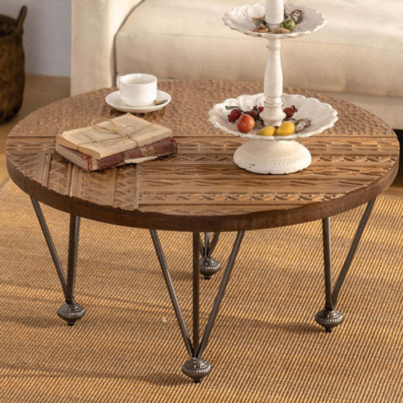 Rustic Round Solid Wood Iron Coffee Table