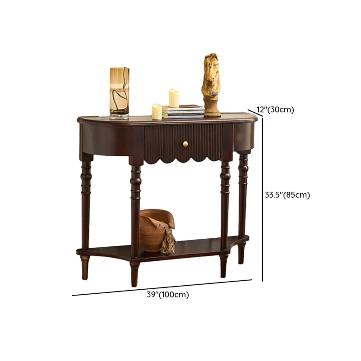 Brown Wood Half-Circle Floor Console Table with Drawer