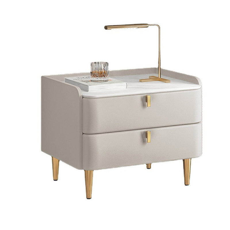Modern Leather Pine Wood Carbon Steel Nightstand 2-Drawer
