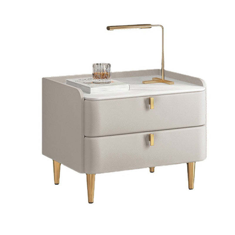 Modern Leather Pine Wood Carbon Steel Nightstand 2-Drawer