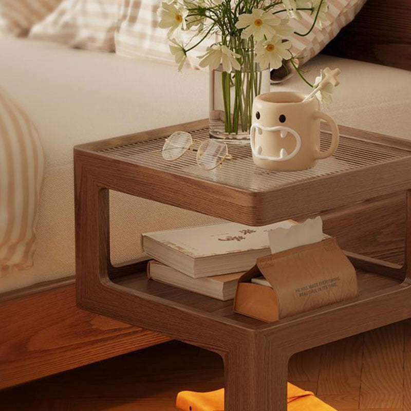Minimalist Rubberwood Glass Nightstand