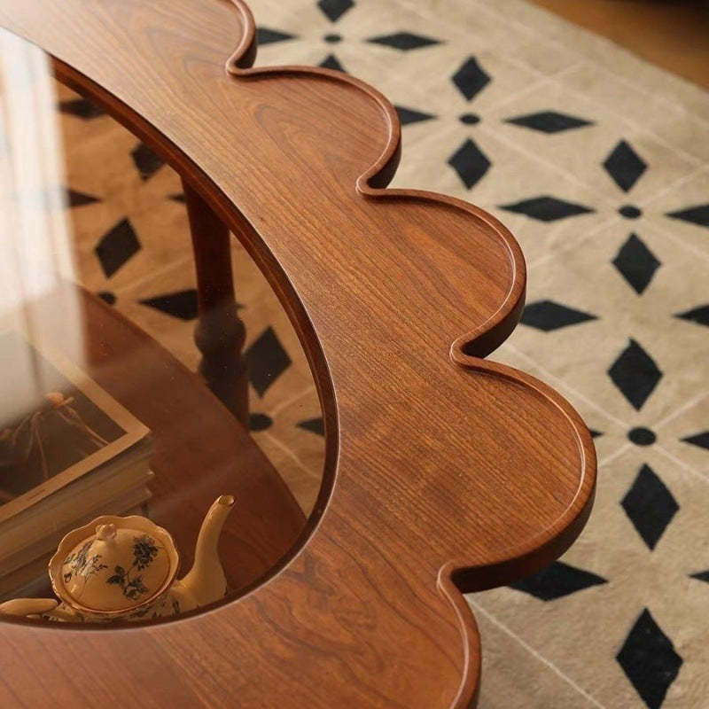 Vintage Elliptical Flower Wood Glass Coffee Table