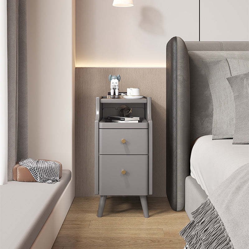 Minimalist Narrow Wood 2-Drawer Nightstand — With USB / Light Gray