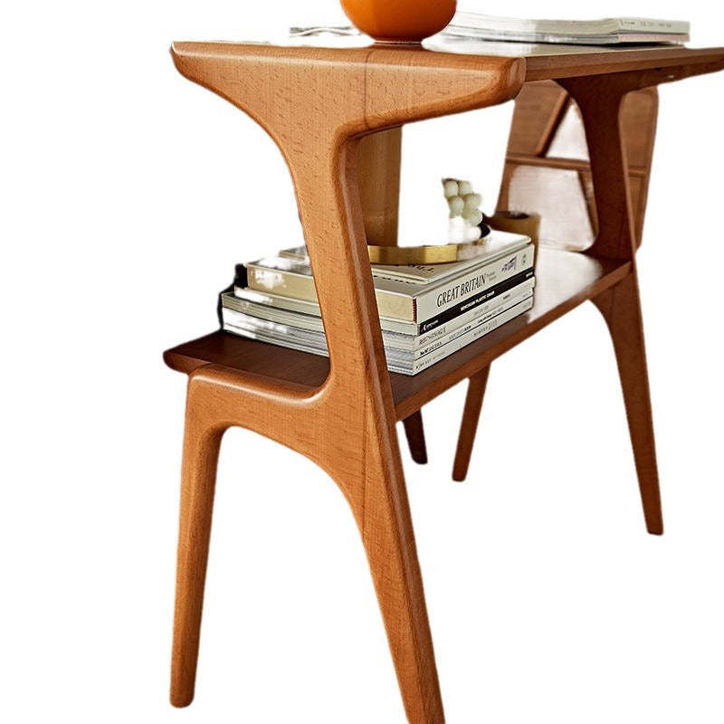 Retro Beech Rubberwood 2-Tier Side Table