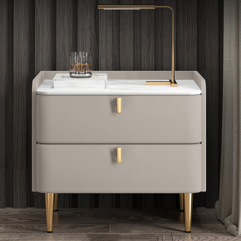 Modern Leather Pine Wood Carbon Steel Nightstand 2-Drawer — Light Gray & Gold Leg