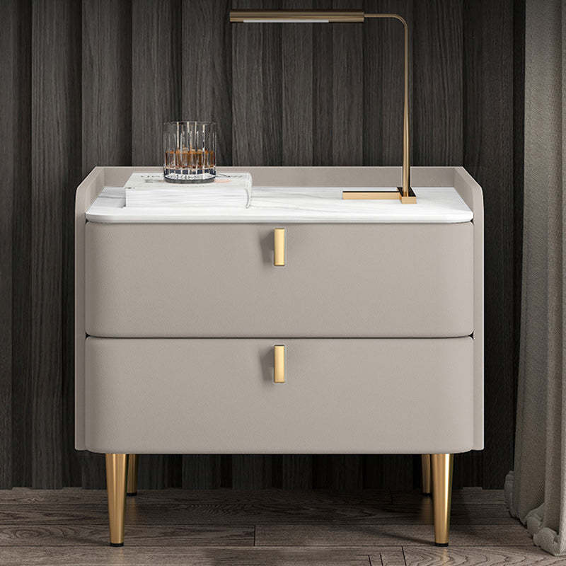 Modern Leather Pine Wood Carbon Steel Nightstand 2-Drawer — Light Gray & Gold Leg