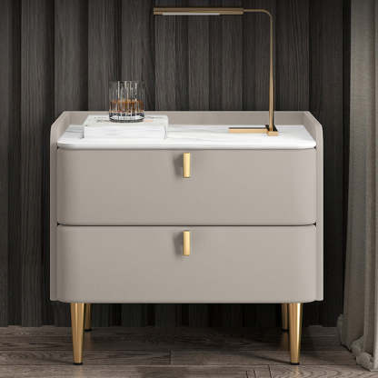 Modern Leather Pine Wood Carbon Steel Nightstand 2-Drawer — Light Gray & Gold Leg