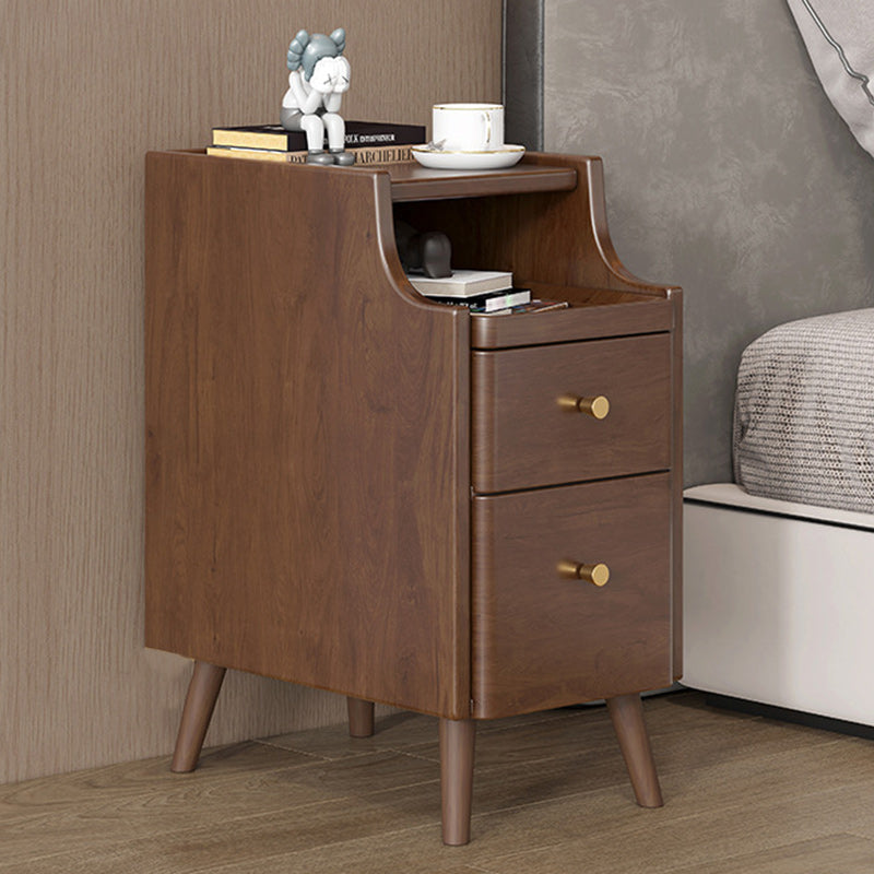 Minimalist Narrow Wood 2-Drawer Nightstand — With USB / Begonia Wood Color