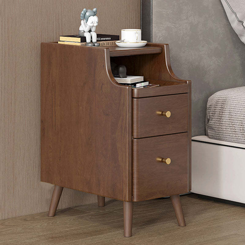 Minimalist Narrow Wood 2-Drawer Nightstand — With USB / Begonia Wood Color