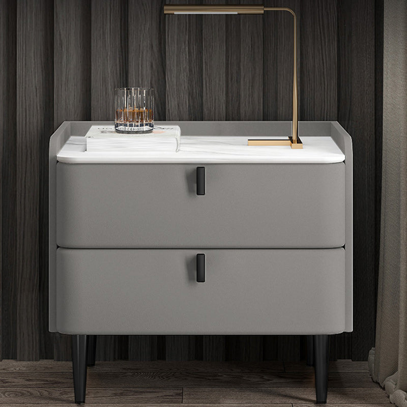Modern Leather Pine Wood Carbon Steel Nightstand 2-Drawer — Dark Gray & Black Leg