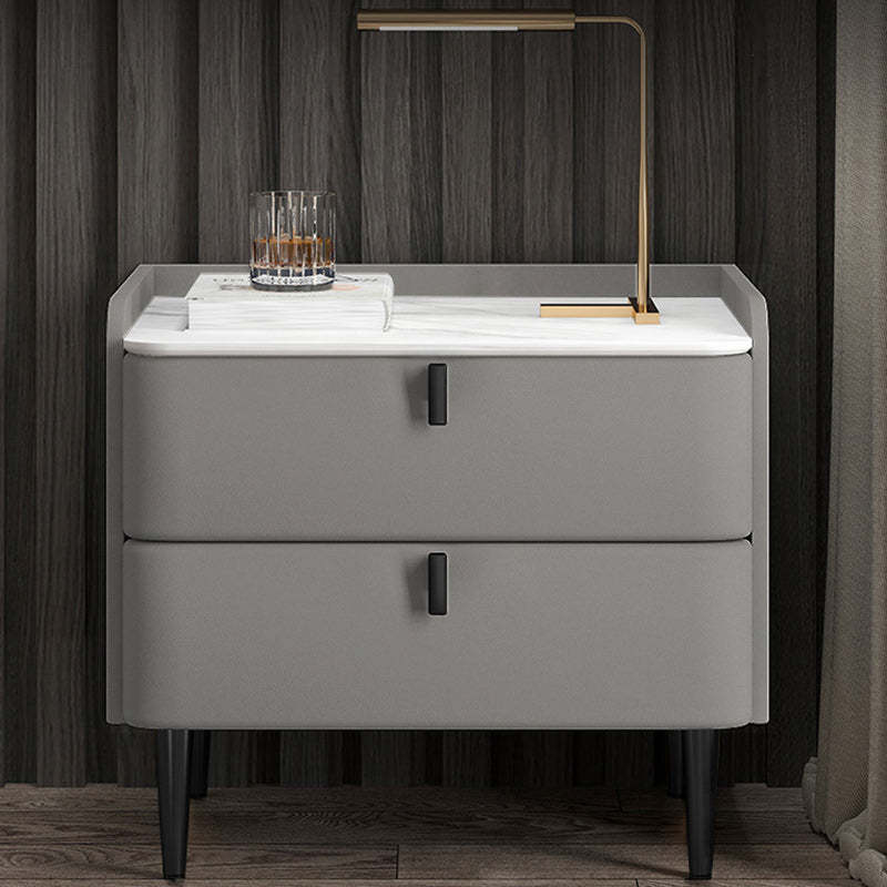 Modern Leather Pine Wood Carbon Steel Nightstand 2-Drawer — Dark Gray & Black Leg