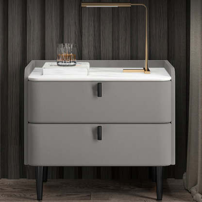 Modern Leather Pine Wood Carbon Steel Nightstand 2-Drawer — Dark Gray & Black Leg