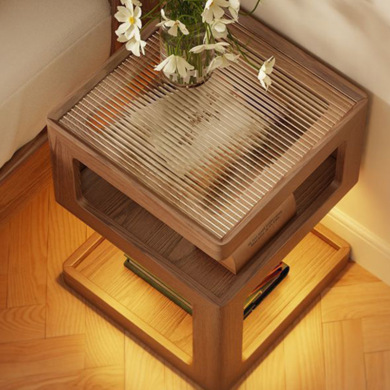 Minimalist Rubberwood Glass Nightstand