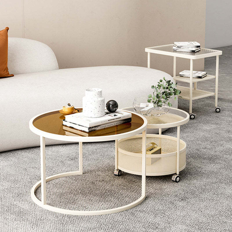 Nordic Glass Metal Round Movable Coffee Table 2-Tier — White & Transparent Table Top - Movable