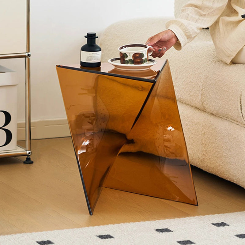 Minimalist Marble Glass Wood Triangle Corner End Table — Amber