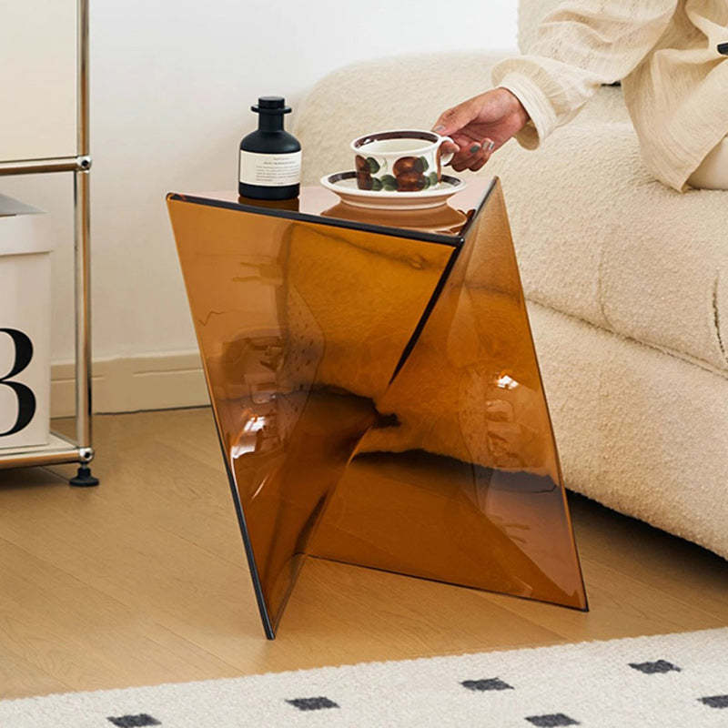 Minimalist Marble Glass Wood Triangle Corner End Table — Amber
