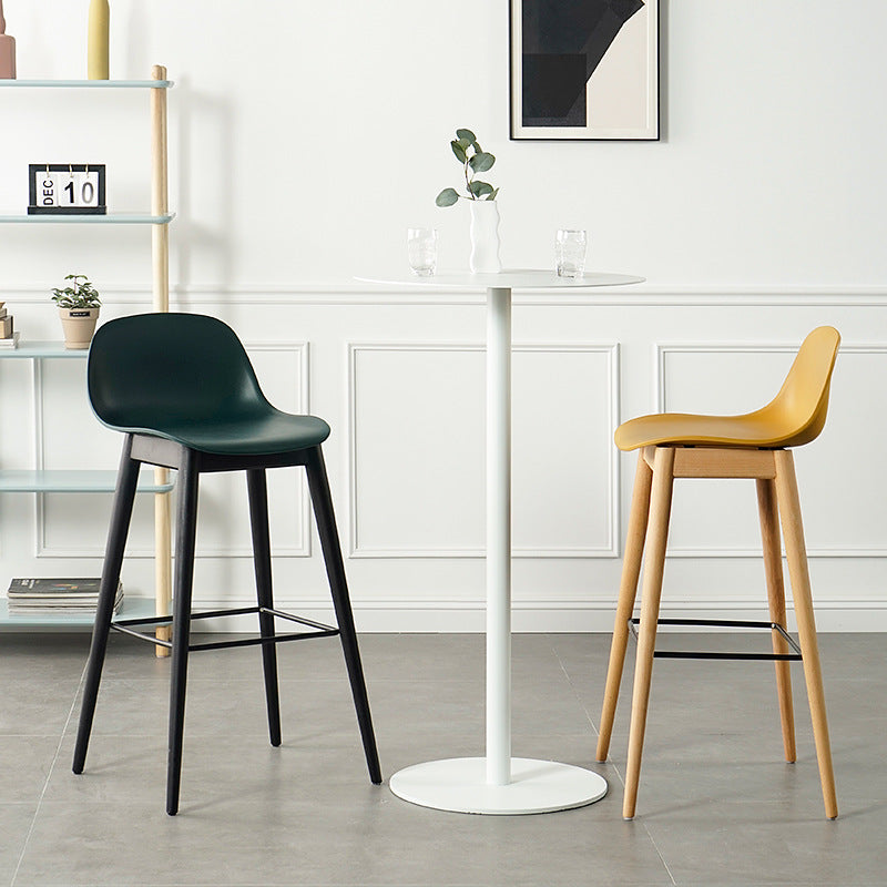 Contemporary Plastic Wood Low-Back Bar Stool — Gray Seat + Wood Color Legs