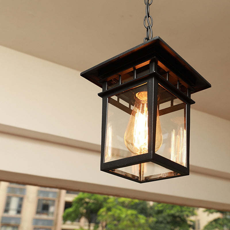European Square Cage Aluminum Glass Outdoor Pendant Light — Black / 110V-120V For US/CA