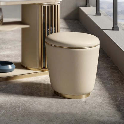 Contemporary Minimalist Leather Round Vanity Stool — Champagne Gold